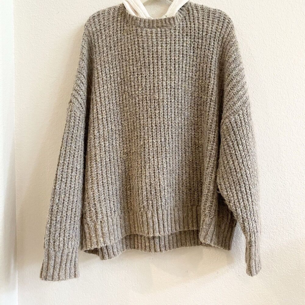 aerie Chunky Knit Turtleneck Hoodie Sweater in Heather Taupe